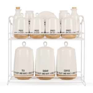 Spices Set, 12 Pieces with Stand, Porcelain with wooden Base - White