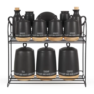 Spices Set, 12 Pieces with Stand, Porcelain with wooden Base - Black