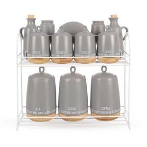 Spices Set, 12 Pieces with Stand, Porcelain with wooden Base - Grey