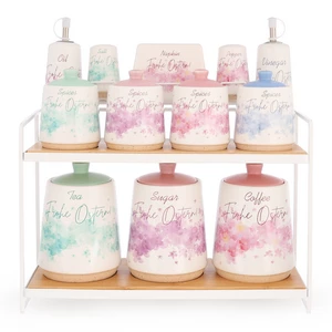 Spices set, 12 Pieces with Stand, Porcelain with Metal Stand, Flowers - White with Multi Colors