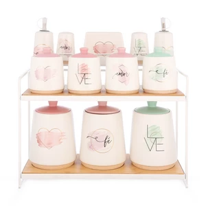 Spices Set, 12 Pieces with Stand, Porcelain with Metal Stand, Love - White with Multi Colors