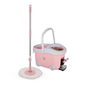 Cleaning Mob Set with Bucket High Quality Plastic with Wheels - Pink with Grey handle