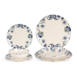 Dinner Set,24 Pieces for 6 Persons, Fine Porcelain, Made in Turkey, with Floral Blue Patterns - Cream with Blue