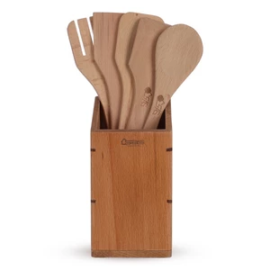 Utensils set, 5pieces with Holder, Natural Wood - Woody