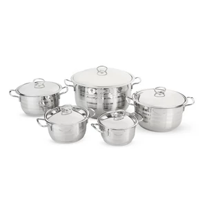 Aboud Cookware Set, 10 Pieces, Stainless Steel Cylnderical Shap Pot with Stainless Steel Flat Lid with a triangular handle - Sizes (16,18, 20, 24, 28) - Silver