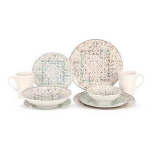 Rosa Dinner Set, 30 Pieces for 6 Persons, porcelain - Vintage Mosaic Design with Soft Pastel  Color Tones