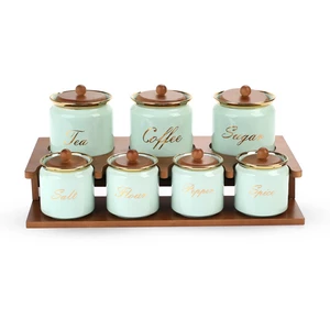 Spices Set, 7 Pieces with wooden Stand, fine Porcelain - green