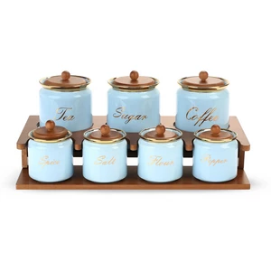 Spices Set, 7 Pieces with wooden Stand, fine Porcelain, Blue