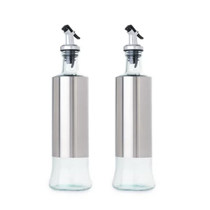 Oil and Vinegar Bottle Set, 2 Pieces, Glass with Stainless Steel, Silver