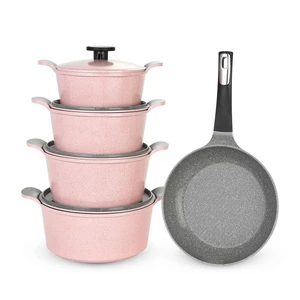 Neoflam Cookware Set, Granite Polygon 9 Pieces, Pink Marble, Made In Korea