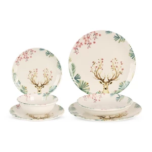 Dinner Set, 24 Pieces for 6 Persons, Fine Porcelain, Made in Turkey, with Majestic Deer Design - Cream with Green Color