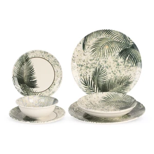 Dinner Set, 24 Pieces for 6 Persons, Fine Porcelain, Made in Turkey, Palm leaves Design - Green