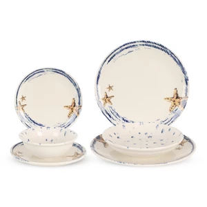 Dinner Set,24 Pieces for 6 Persons, Fine Porcelain, Made in Turkey, with Starfish and Ocean Wave Patterns - Off white with Blue