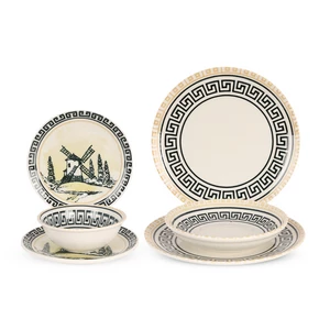 Dinner Set, 24 Pieces for 6 Persons, Fine Porcelain, Made in Turkey, with Geometric Meanders Design - Cream Color with Black Decoration