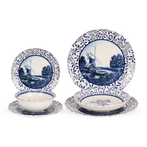 Dinner Set ,24 Pieces for 6 Persons, Fine Porcelain, Made in Turkey, Traditional Dutch Windmill Design - Classic Cobalt Blue